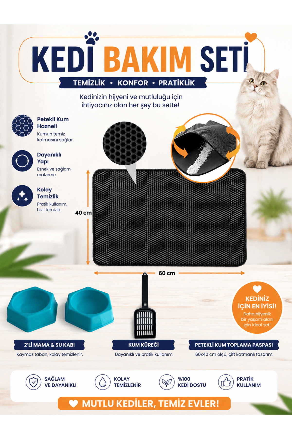 Kedi Bakım Seti | Kedi Kum  Paspası 60x40 cm + 2 Adet Mama Kabı + Kum Küreği