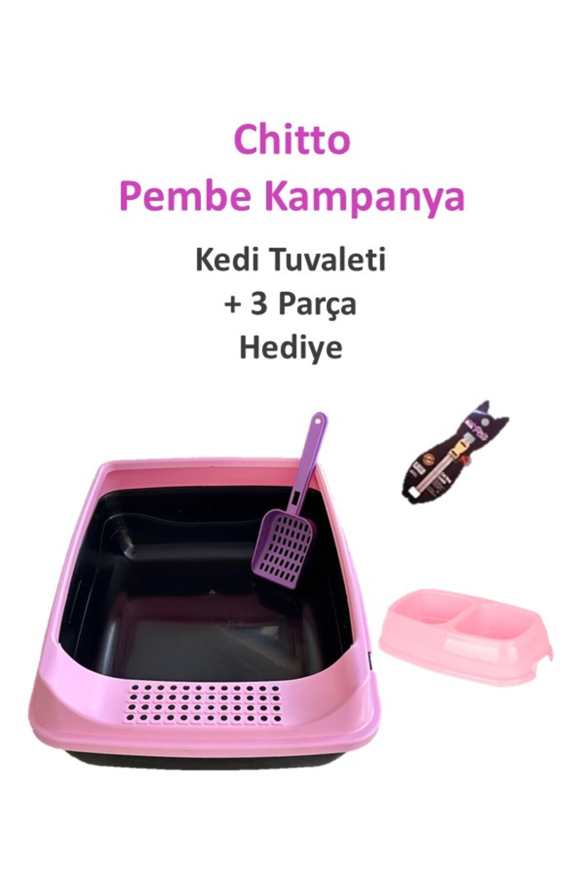 ELEKLİ AÇIK KEDİ TUVALETİ-PEMBE KÜREK HEDİYELİ